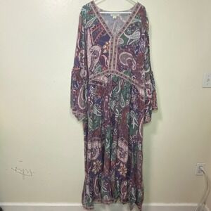 Aveology Purple Paisley Boho Maxi Dress Plus Size 30/32 V Neck Bell Sleeves